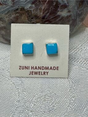 Zuni Handmade Turquoise Square Stud Sterling Silver Earrings